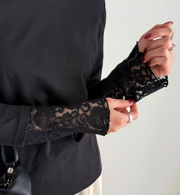 fredy emue「【1枚でもレイヤードでも◎】レーススリーブ衿フリルロンTシャツ」|Tシャツ・カットソー|ブラック