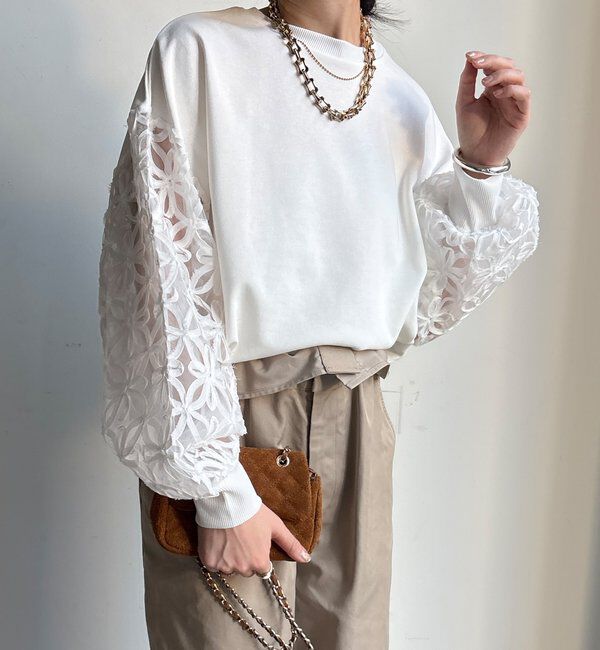  「【WEB限定】フラワーチュール切替裏毛プルオーバー」|Tシャツ・カットソー|オフホワイト