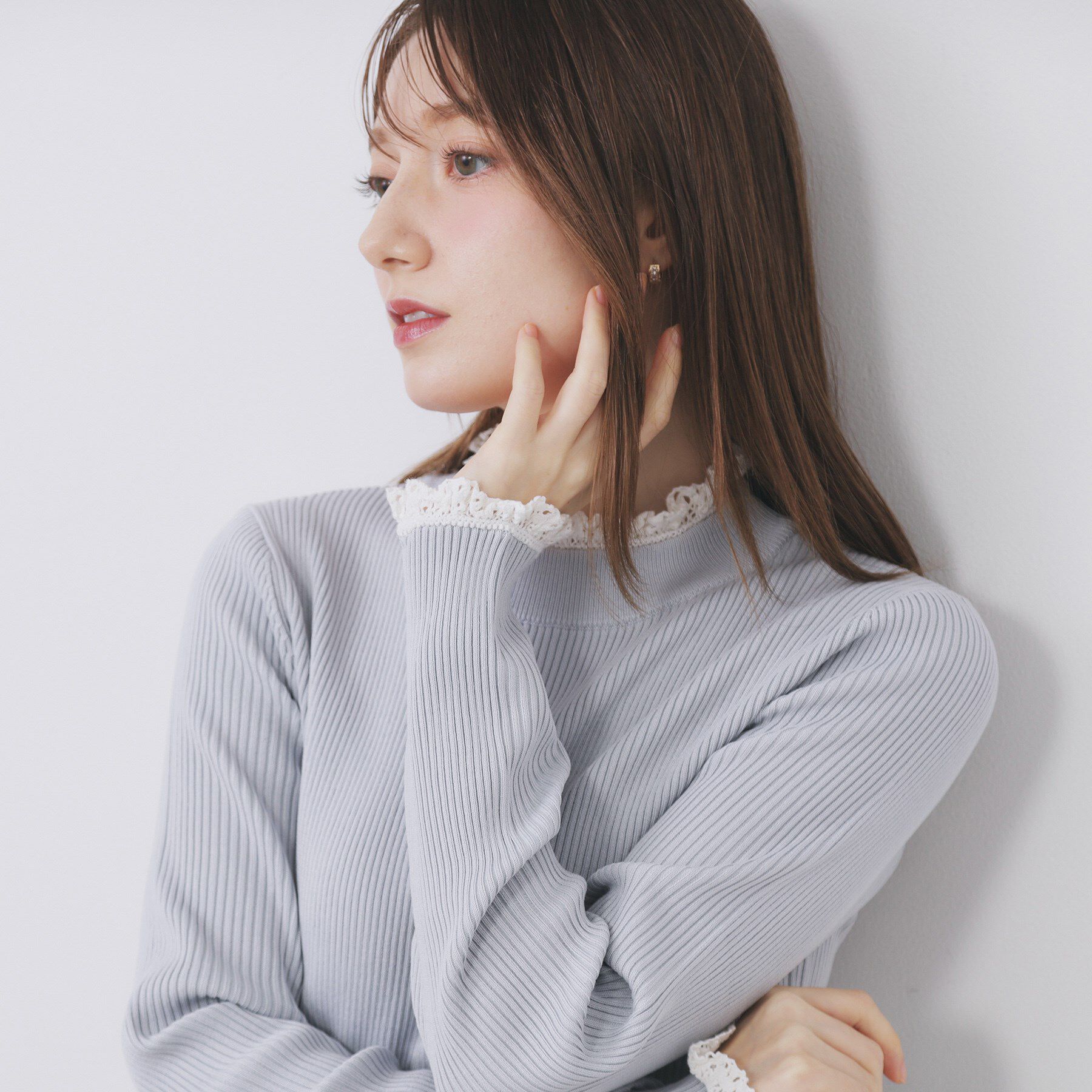 index「コットンレースフリルリブニット【洗濯機OK/抗ピル】」|ニット・セーター|サックスブルー(09