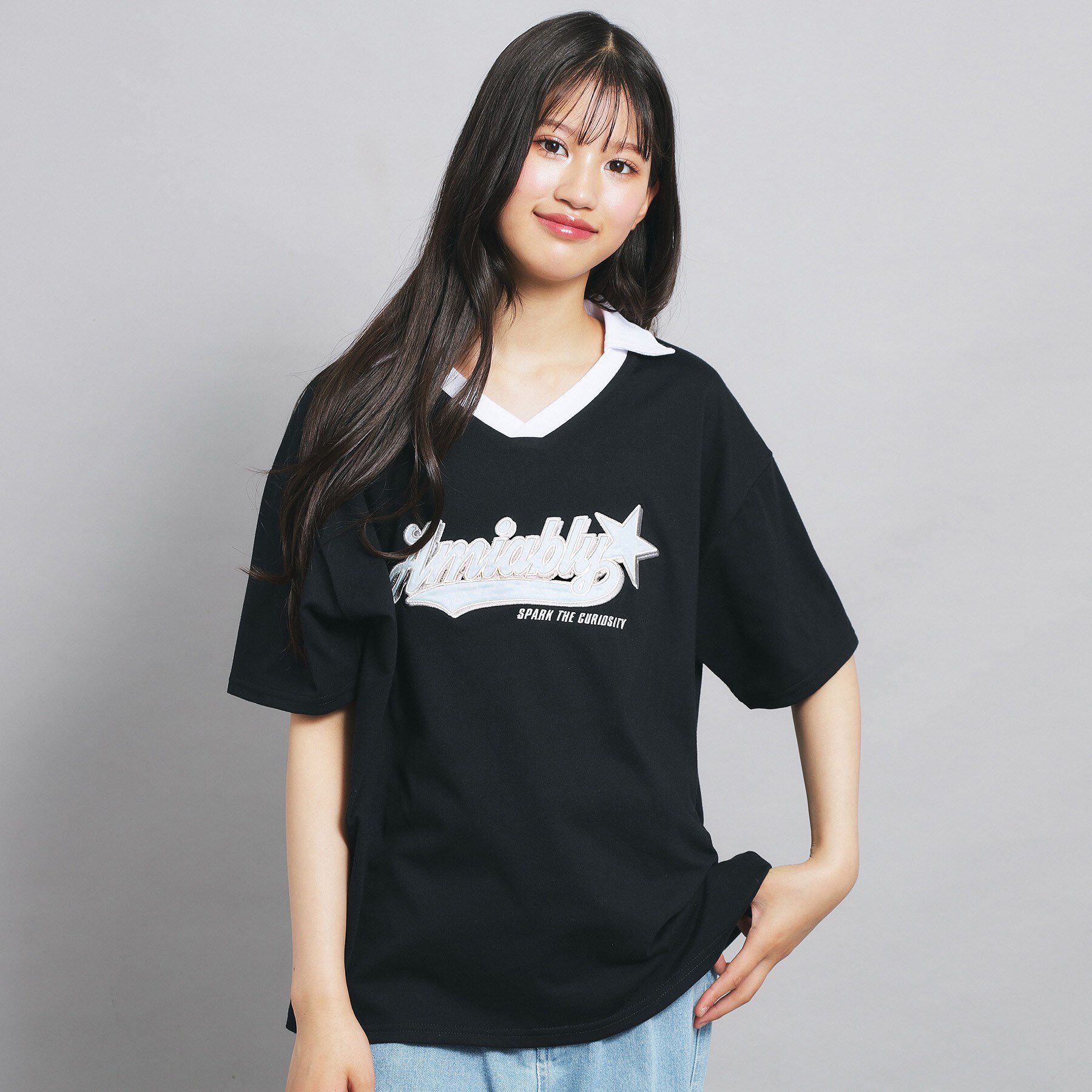 PINK-latte「Vネック衿付きアップリケビッグTシャツ」|Tシャツ・カットソー|