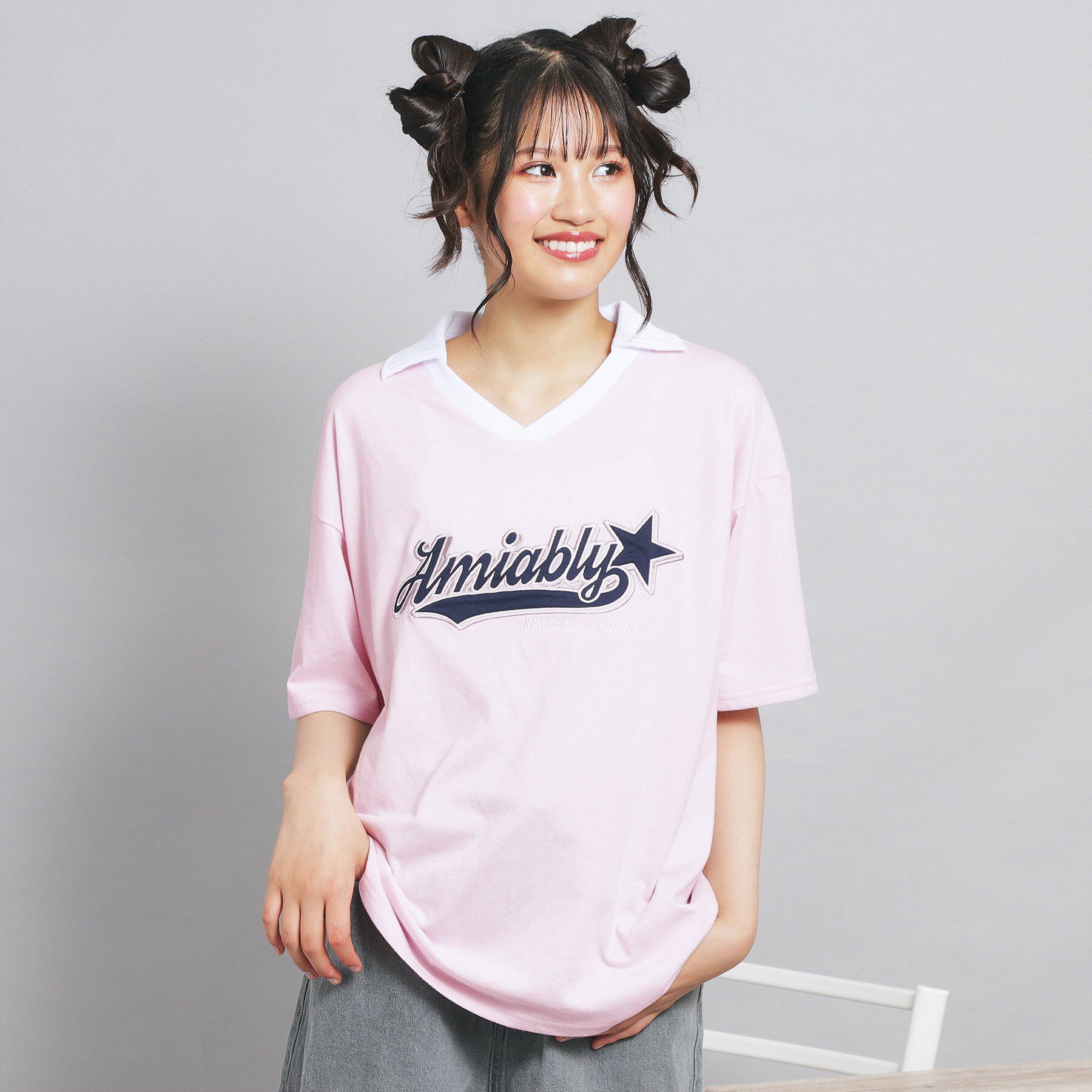 PINK-latte「Vネック衿付きアップリケビッグTシャツ」|Tシャツ・カットソー|ライトピンク(070
