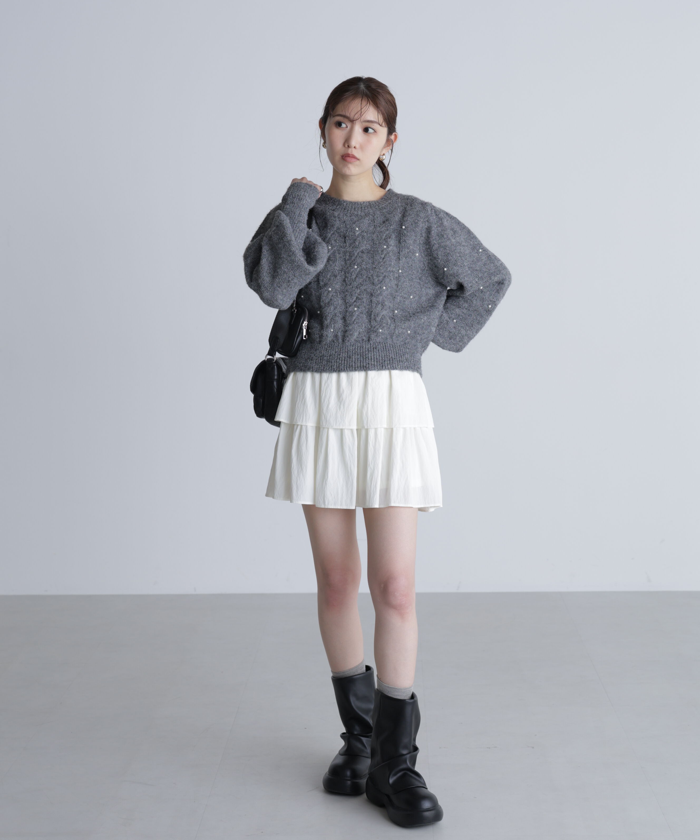  「パール付きケーブルショート丈ニット」|ニット・セーター|