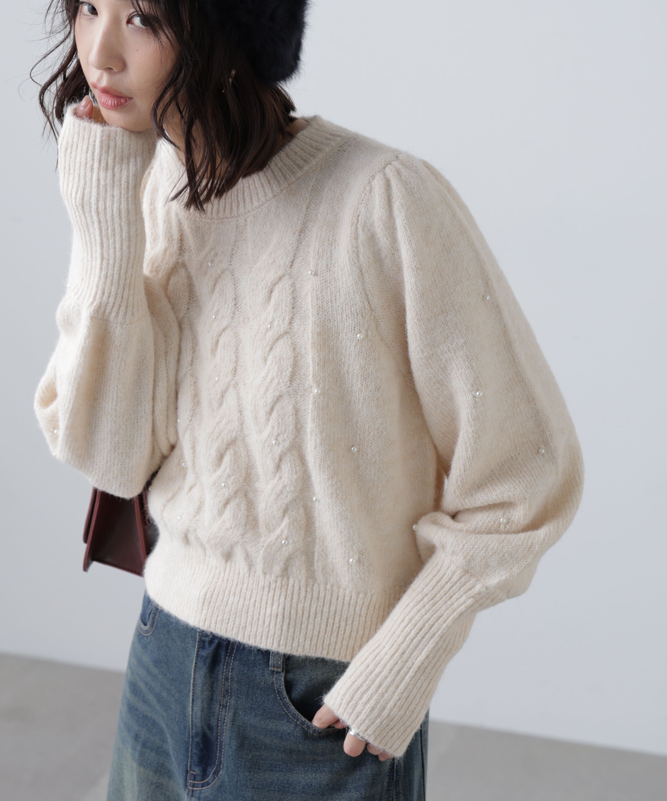  「パール付きケーブルショート丈ニット」|ニット・セーター|