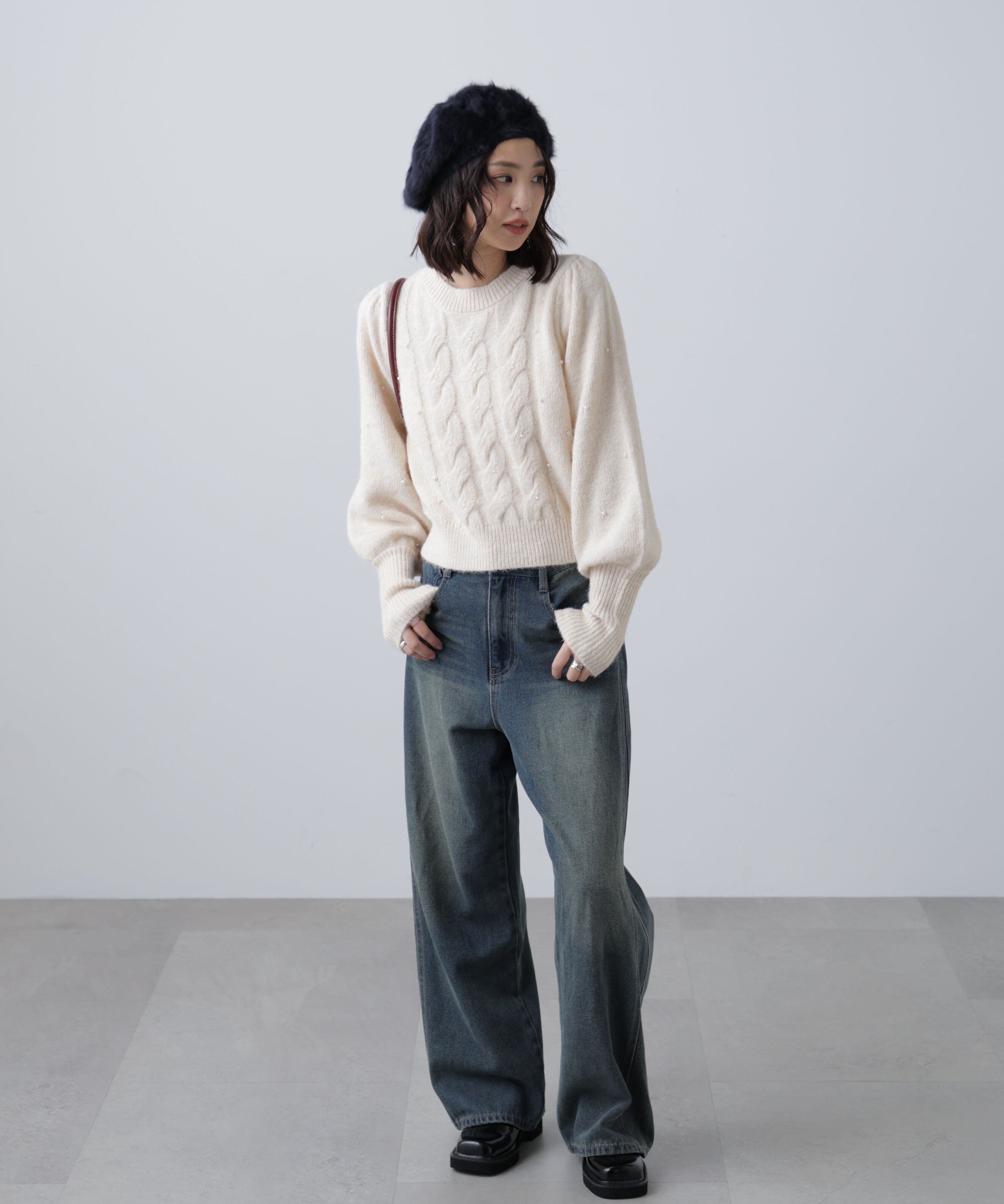  「パール付きケーブルショート丈ニット」|ニット・セーター|