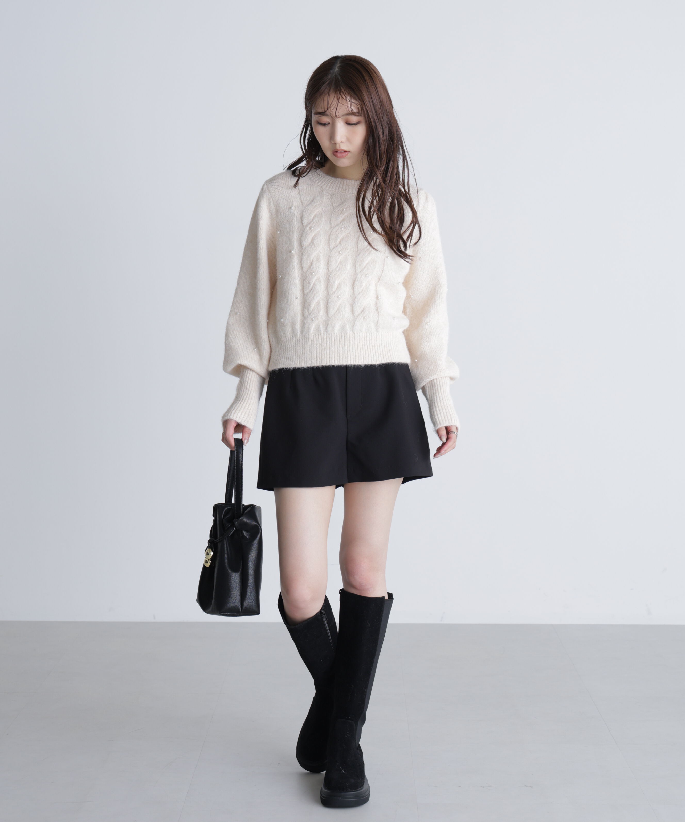  「パール付きケーブルショート丈ニット」|ニット・セーター|