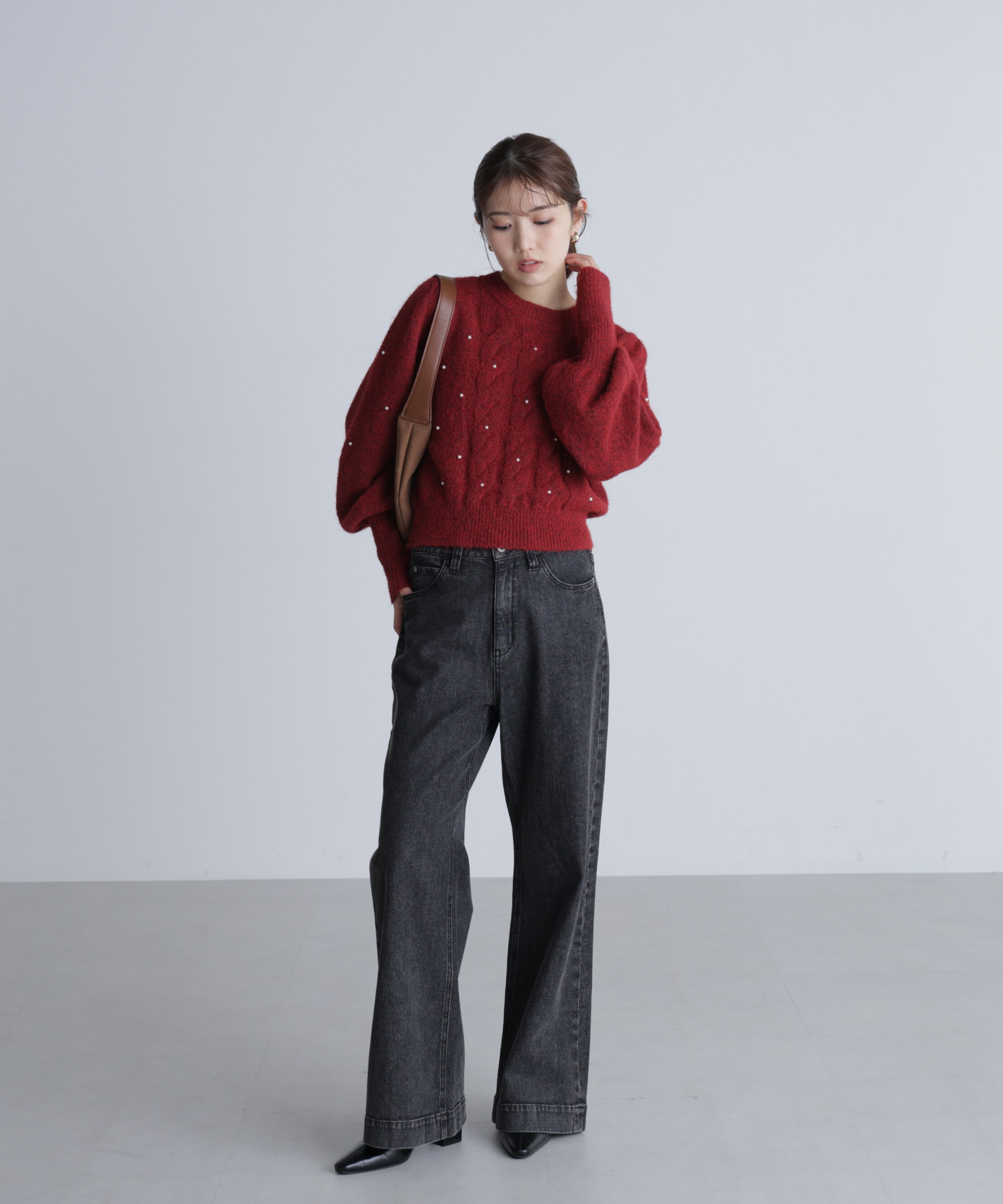  「パール付きケーブルショート丈ニット」|ニット・セーター|