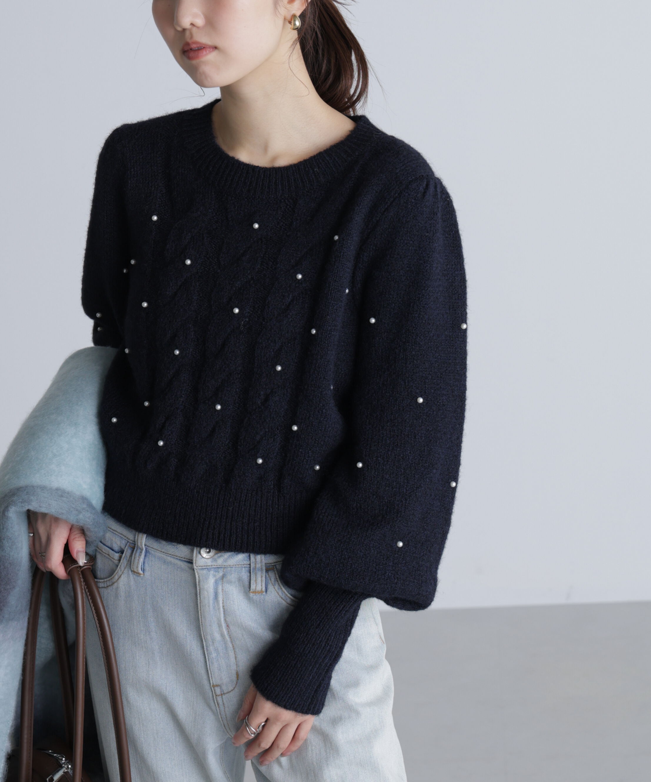  「パール付きケーブルショート丈ニット」|ニット・セーター|