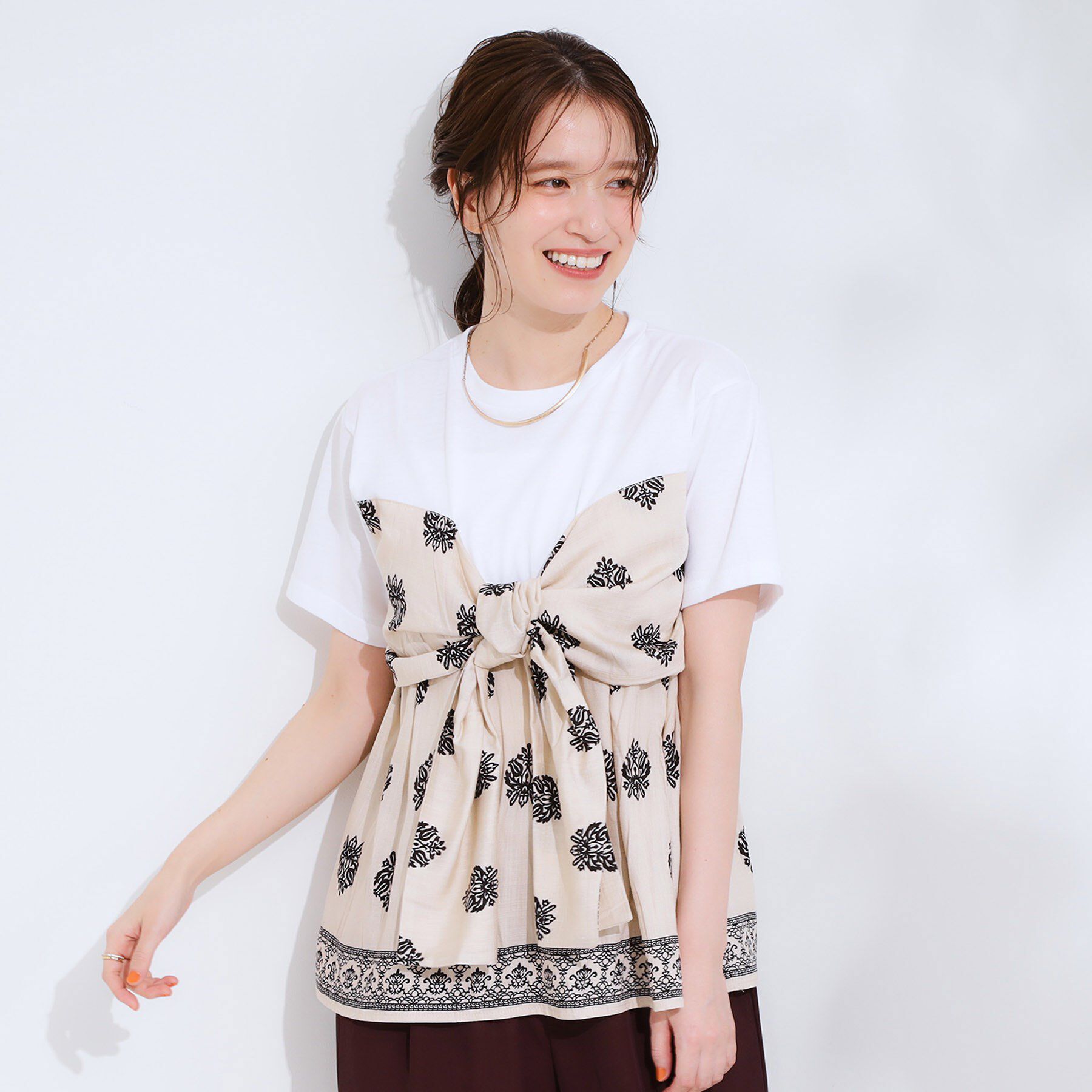 SHOO･LA･RUE「【S-LL】スカーフ巻きレイヤード風Tシャツ」|Tシャツ・カットソー|