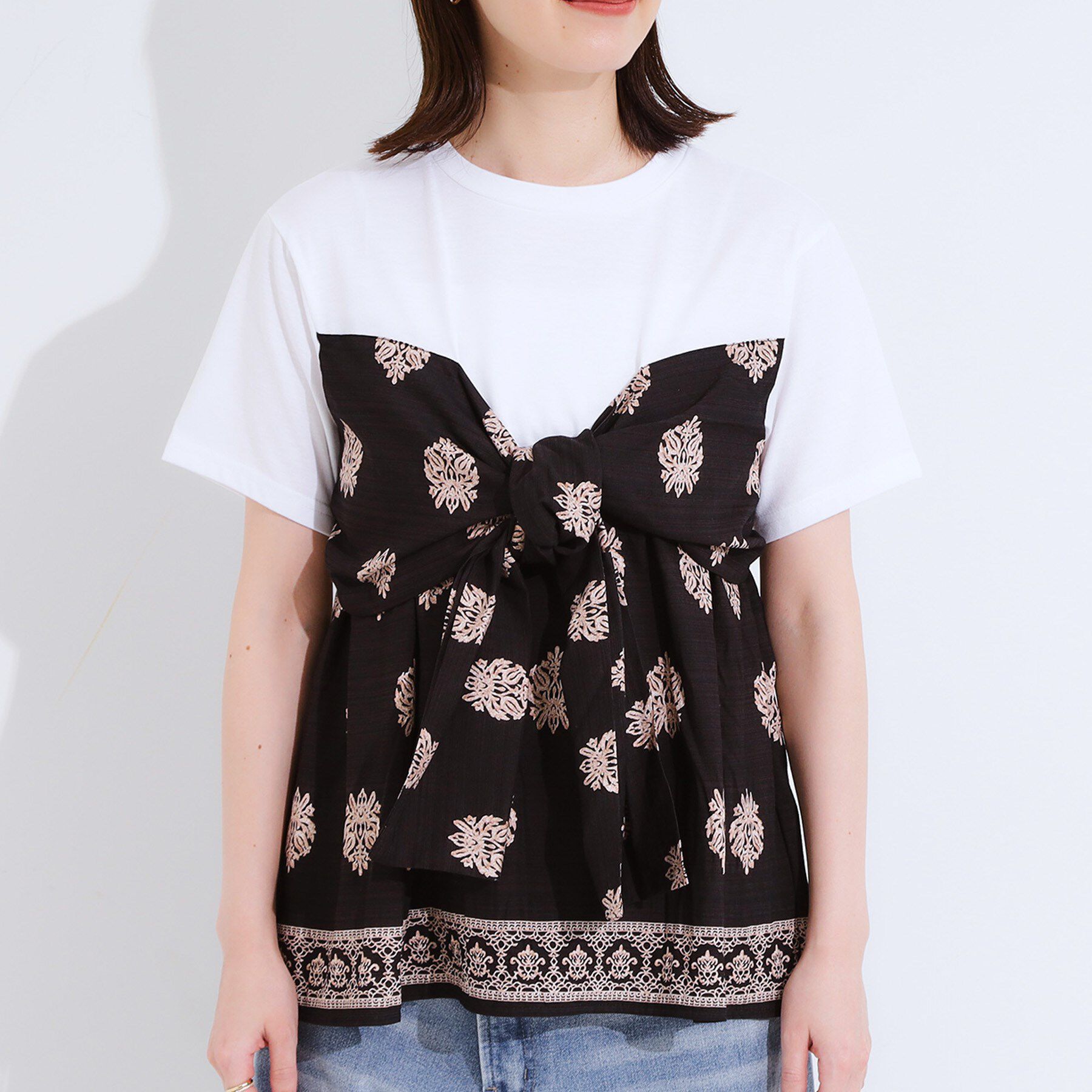 SHOO･LA･RUE「【S-LL】スカーフ巻きレイヤード風Tシャツ」|Tシャツ・カットソー|