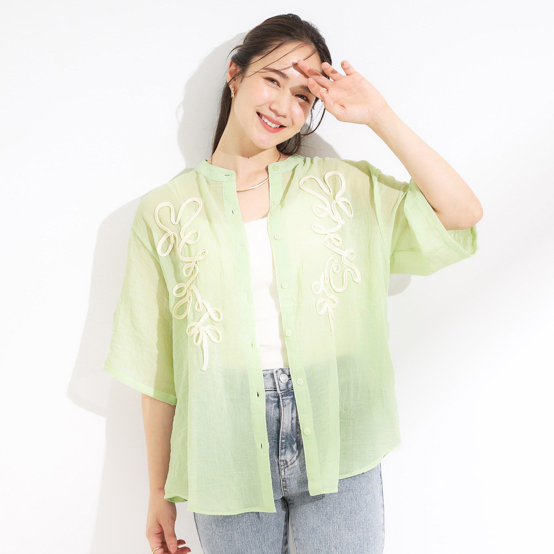 SHOO･LA･RUE「【S-LL】一枚で着映え コード刺繍シャツ」|シャツ・ブラウス|