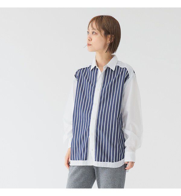 BEAMSBOY「maturely / ストライプ アンド ソリッド カットオフ ロングスリーブ シャツ」|シャツ・ブラウス|