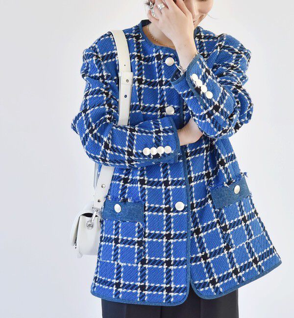 quaranciel「quaranciel: ブルー ツイード ノーカラー ジャケット（セットアップ対応）」|ノーカラージャケット|