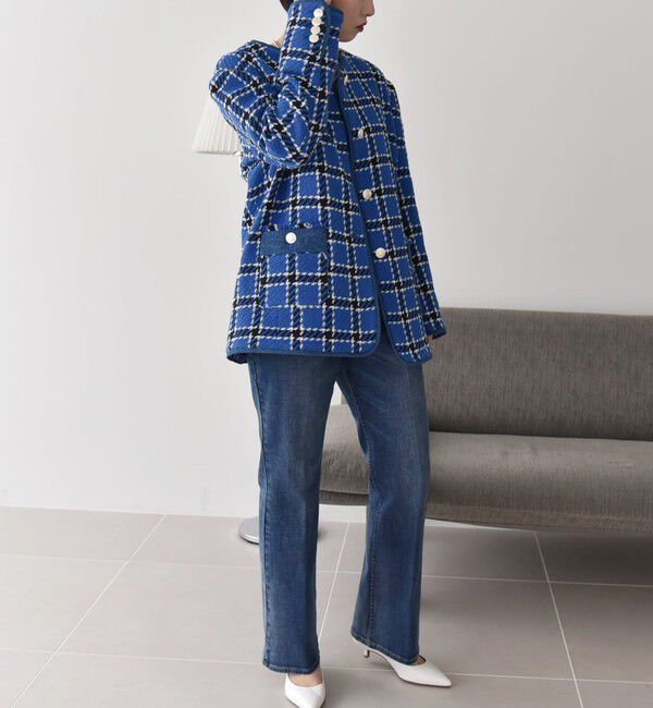 quaranciel「quaranciel: ブルー ツイード ノーカラー ジャケット（セットアップ対応）」|ノーカラージャケット|