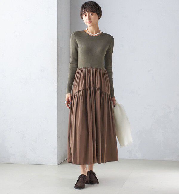 SHIPS for women「〈手洗い可能〉リブ ニット 長袖 &times; 布帛 ギャザー スカート ワンピース」|ワンピース|