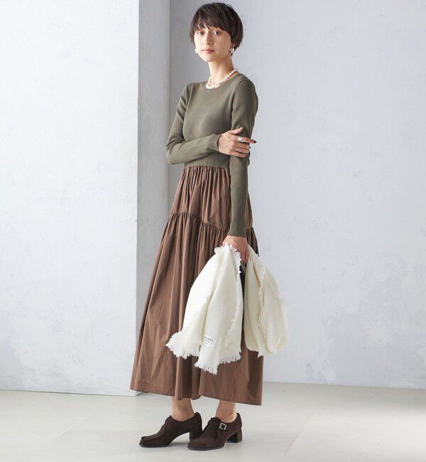 SHIPS for women「〈手洗い可能〉リブ ニット 長袖 &times; 布帛 ギャザー スカート ワンピース」|ワンピース|