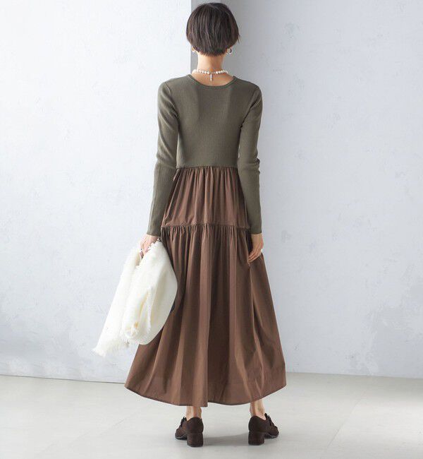 SHIPS for women「〈手洗い可能〉リブ ニット 長袖 &times; 布帛 ギャザー スカート ワンピース」|ワンピース|