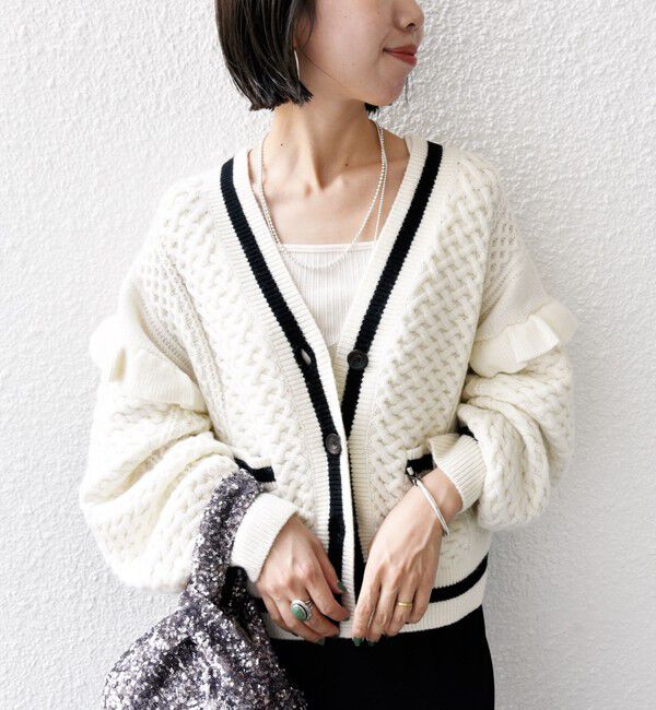 SHIPS for women「【WEB限定】袖 フリル チルデン ケーブル ライン カーディガン」|カーディガン|