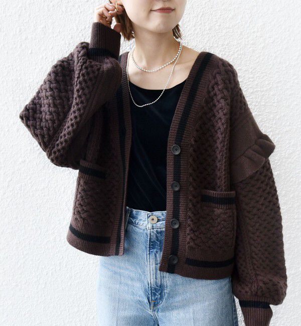 SHIPS for women「【WEB限定】袖 フリル チルデン ケーブル ライン カーディガン」|カーディガン|