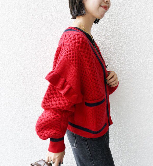 SHIPS for women「【WEB限定】袖 フリル チルデン ケーブル ライン カーディガン」|カーディガン|