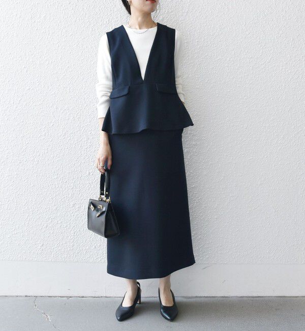 SHIPS any「SHIPS any:〈洗濯機可能〉ダブルクロス Vネック ペプラム ワンピース［NAVY BLUE］」|ワンピース|