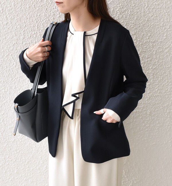 SHIPS Colors 「SHIPS Colors:ストレッチ ジョーゼット Vカラージャケット3 （セットアップ対応可能）◇」|ノーカラージャケット|ダークブルー