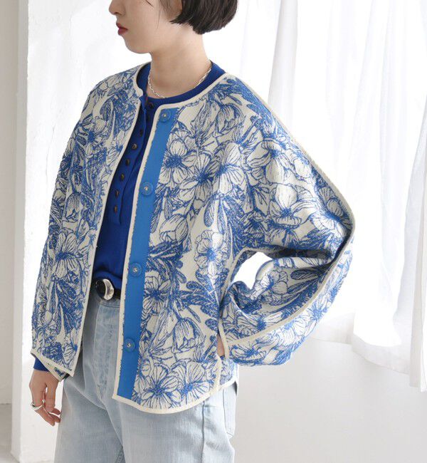 quaranciel「quaranciel: フラワー ジャカード パイピング ノーカラー ジャケット」|ノーカラージャケット|
