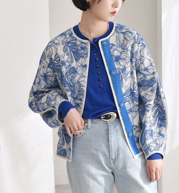 quaranciel「quaranciel: フラワー ジャカード パイピング ノーカラー ジャケット」|ノーカラージャケット|