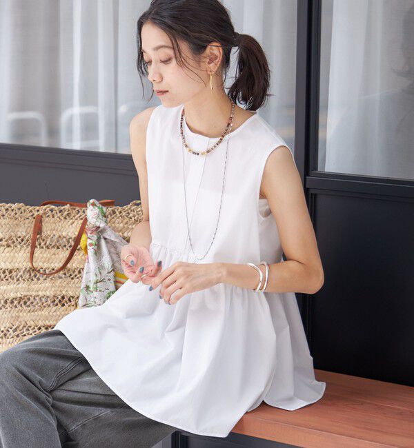 SHIPS for women「〈接触冷感 / 撥水加工〉TEX BRID(R)タフタ ギャザー ノースリーブ ブラウス」|シャツ・ブラウス|オフホワイト