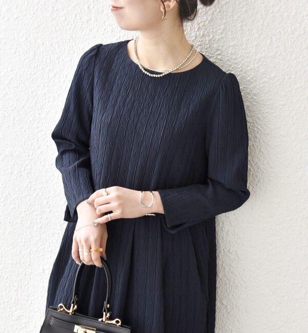 SHIPS any「SHIPS any:〈手洗い可能〉ジャカード ウエスト タック ノーカラー ワンピース［NAVY BLUE］」|ワンピース|