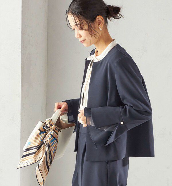 SHIPS for women「ダブル クロス 重ね袖 ノーカラー ジャケット（セレモニー対応可）」|ノーカラージャケット|ネイビー