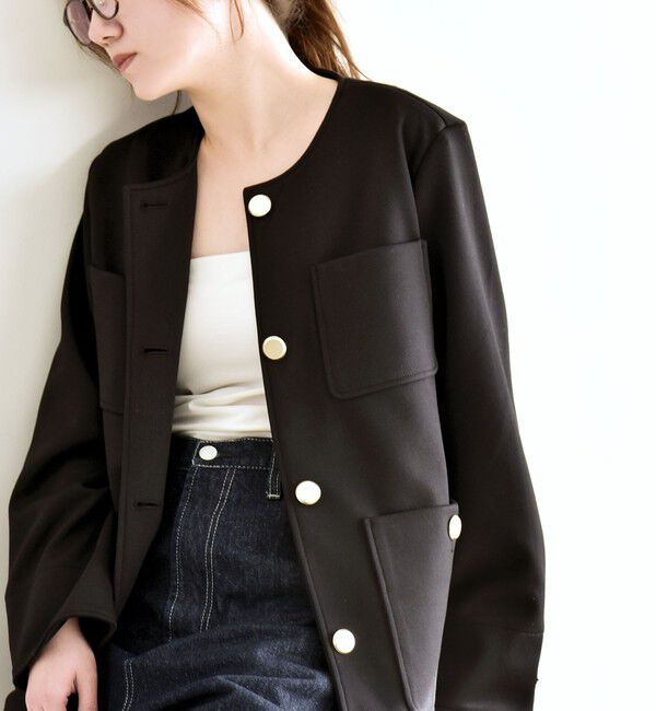 quaranciel「quaranciel:〈手洗い可能〉ジャージー ポケット ノーカラー ジャケット」|ノーカラージャケット|