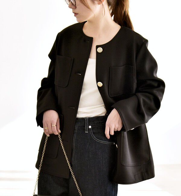 quaranciel「quaranciel:〈手洗い可能〉ジャージー ポケット ノーカラー ジャケット」|ノーカラージャケット|