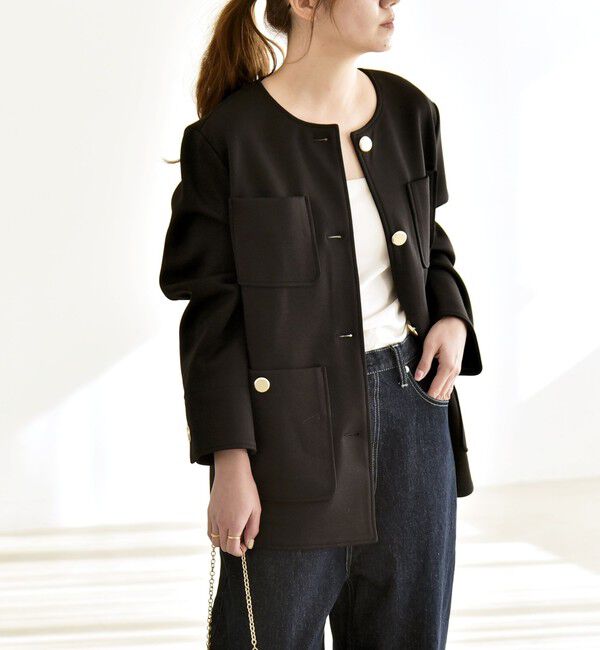 quaranciel「quaranciel:〈手洗い可能〉ジャージー ポケット ノーカラー ジャケット」|ノーカラージャケット|