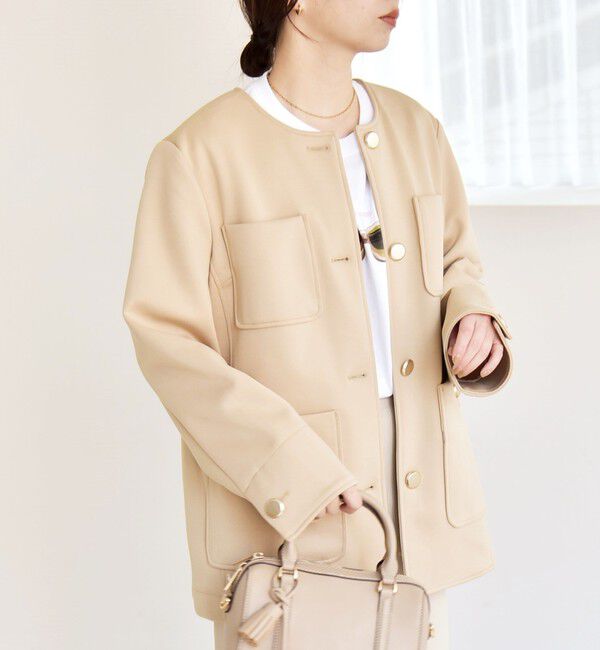 quaranciel「quaranciel:〈手洗い可能〉ジャージー ポケット ノーカラー ジャケット」|ノーカラージャケット|