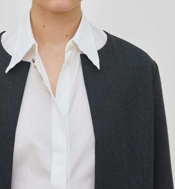 DES PRES「ウールファブリックコンビ クルーネックジャケット」|ノーカラージャケット|