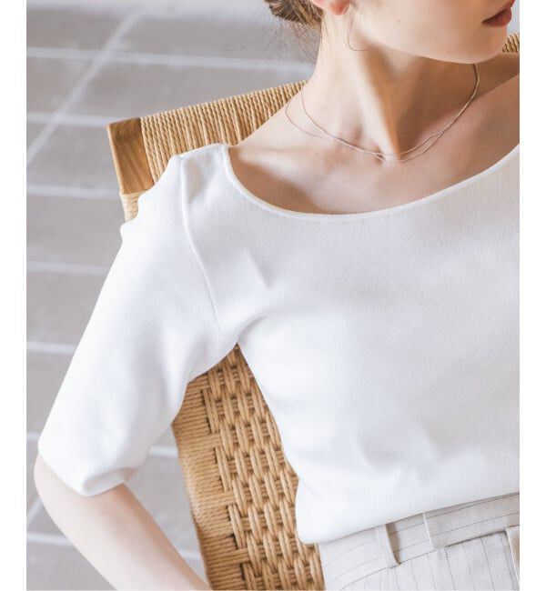 NOBLE「【洗える】14Gデコルテハーフスリーブニット」|ニット・セーター|