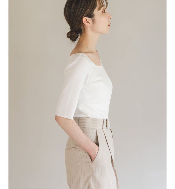 NOBLE「【洗える】14Gデコルテハーフスリーブニット」|ニット・セーター|