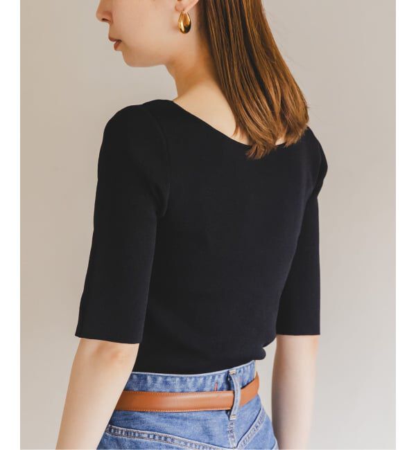 NOBLE「【洗える】14Gデコルテハーフスリーブニット」|ニット・セーター|