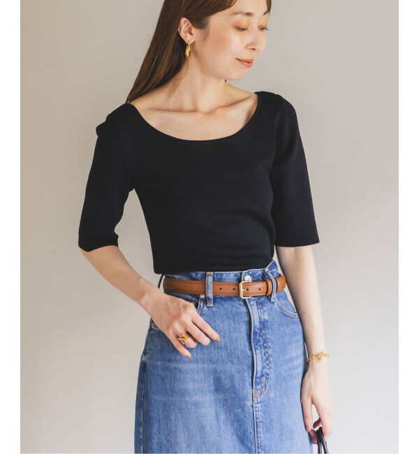 NOBLE「【洗える】14Gデコルテハーフスリーブニット」|ニット・セーター|