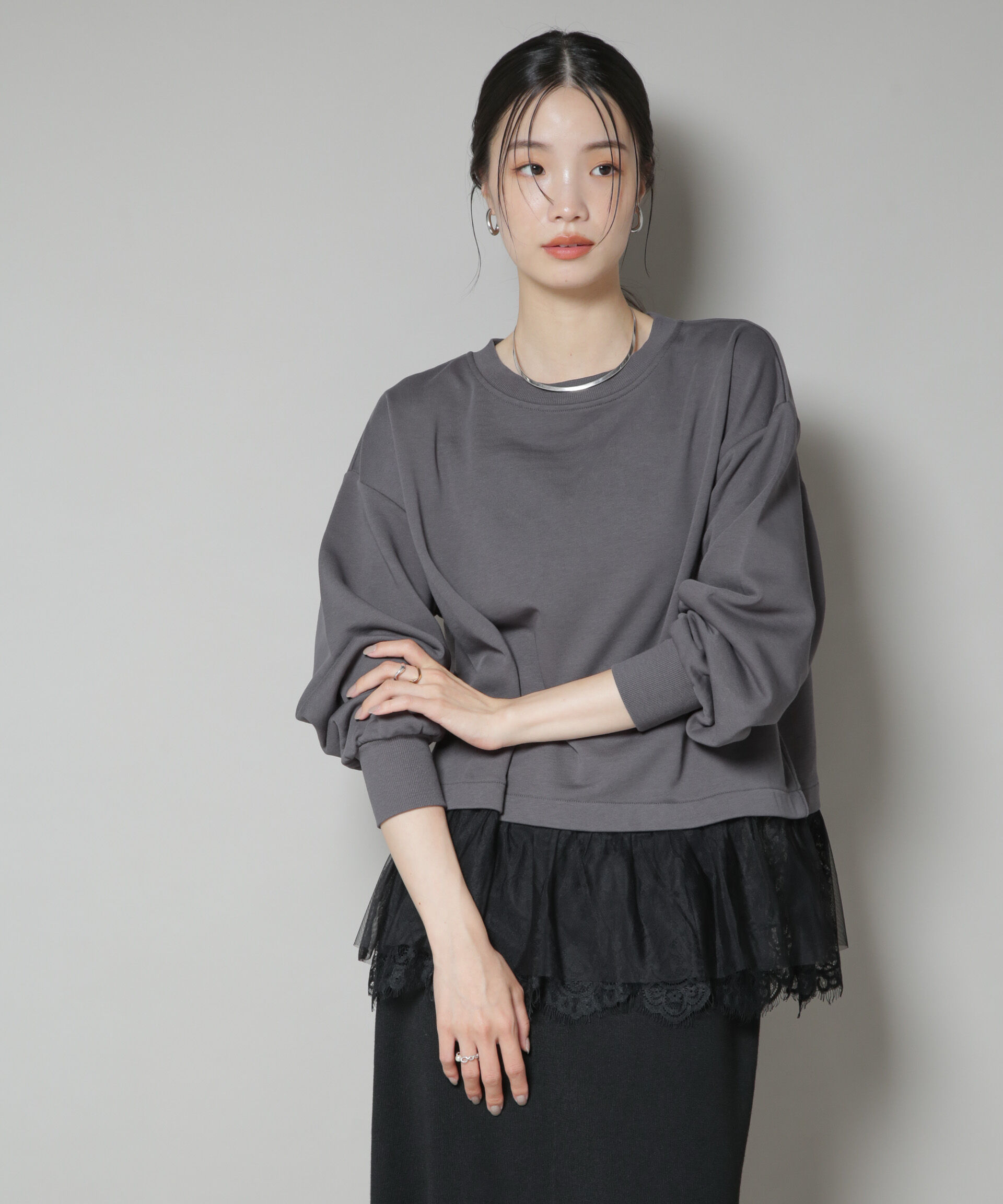 nano･universe「裾レースコンビペプラムカットトップス」|Tシャツ・カットソー|グレー
