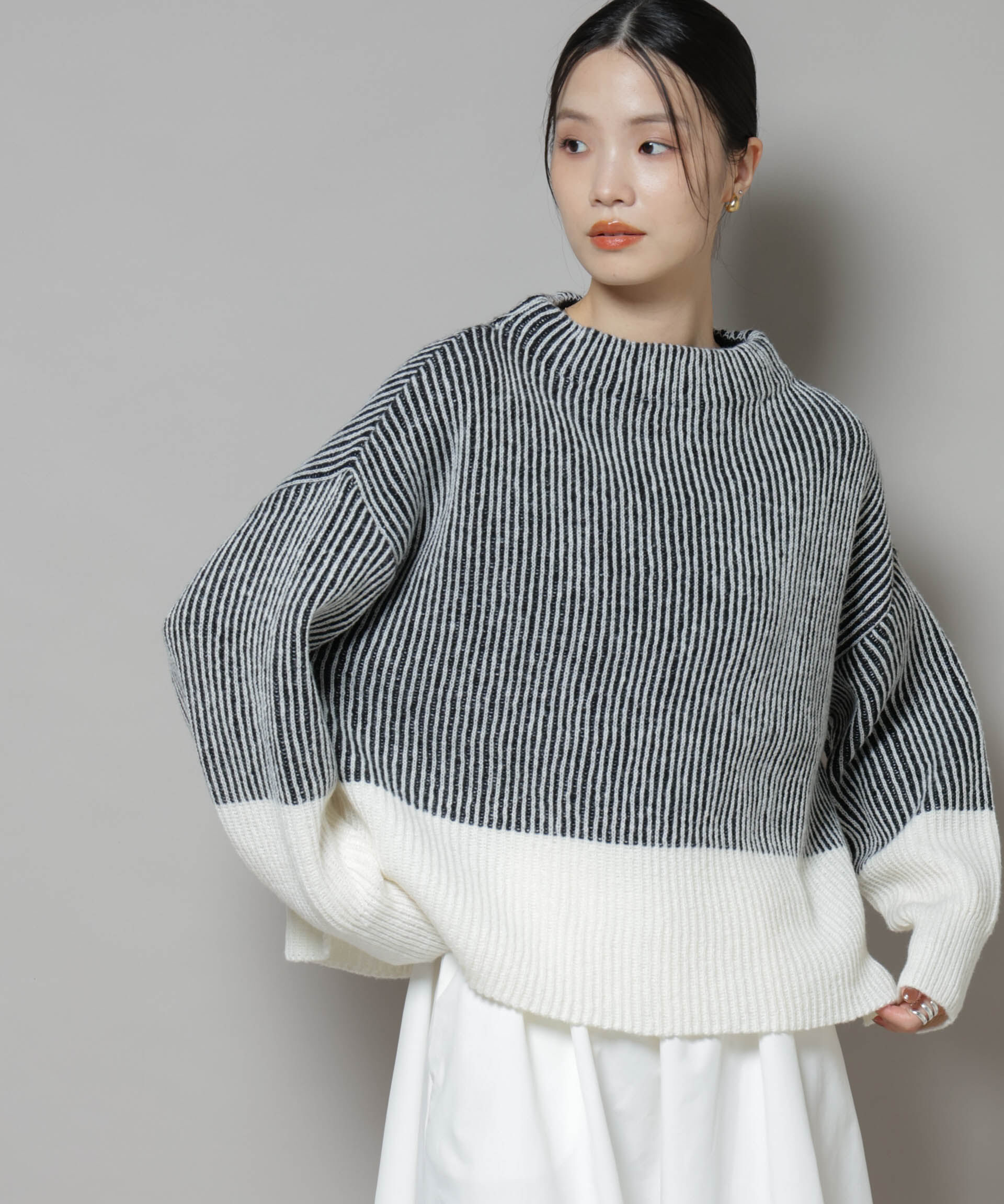 nano･universe「シャドーストライプニットプルオーバー」|ニット・セーター|ブラック