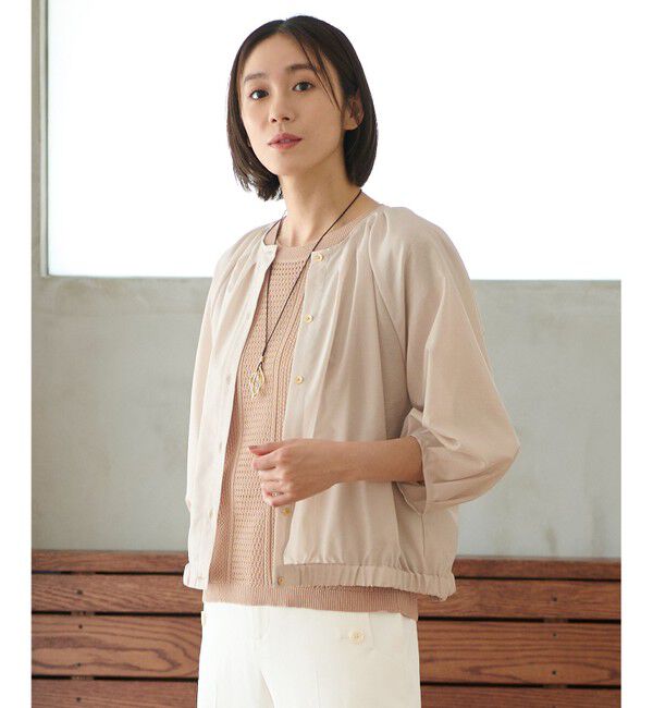自由区「【洗える・XSサイズあり】シアーシャイニー ジャケット」|ノーカラージャケット|ベージュ系