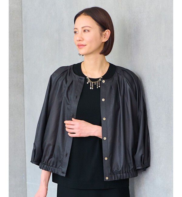 自由区「【洗える・XSサイズあり】シアーシャイニー ジャケット」|ノーカラージャケット|ネイビー系