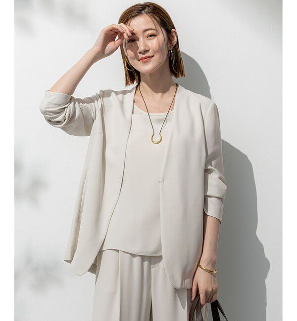 23区「【洗える/吸水速乾/UVカット/接触冷感】ストレッチジョーゼット ノーカラー ジャケット」|ノーカラージャケット|ベージュ系