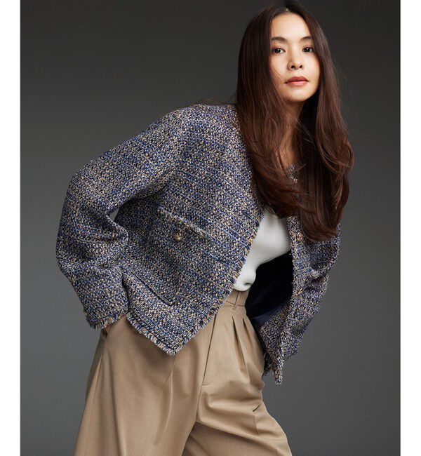 23区「【滝沢眞規子さん着用】GIOLICA ボタン ツイード ジャケット」|ノーカラージャケット|ﾌﾞﾙｰ&times;ﾍﾞ