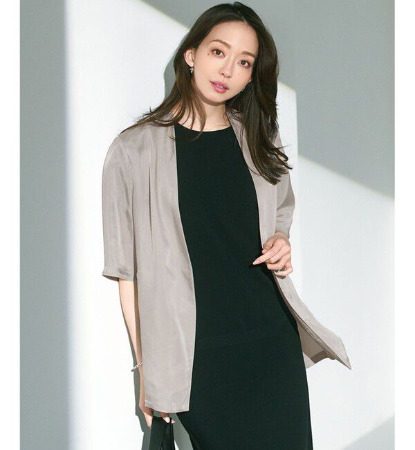 23区「【接触冷感性/洗える】フィブリルツイル ハーフスリーブ ジャケット」|ノーカラージャケット|ベージュ系