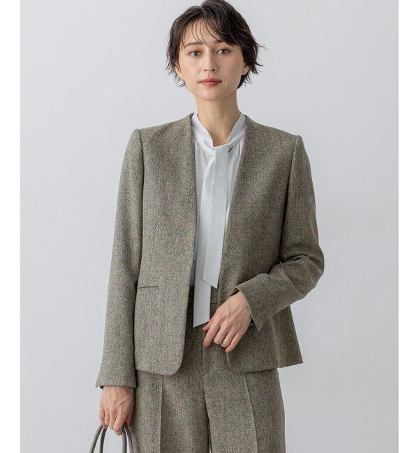 23区「【洗える】ウールライクカルゼ ノーカラー ジャケット」|ノーカラージャケット|グレー系