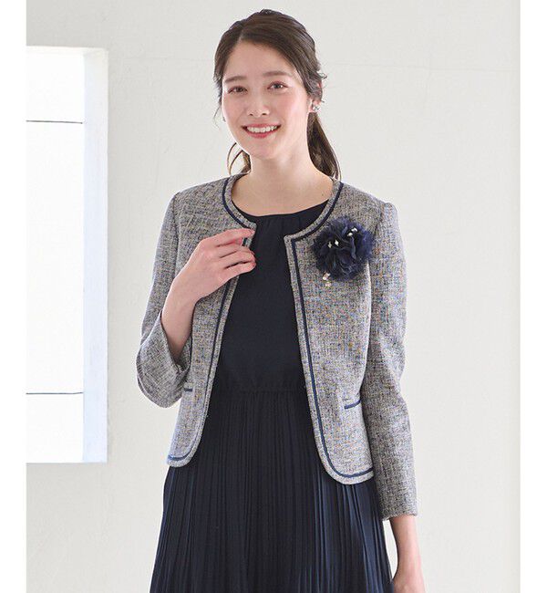 ANY SIS「ミニライトボーダー ジャケット」|ノーカラージャケット|ｼｬﾝﾌﾞﾚ