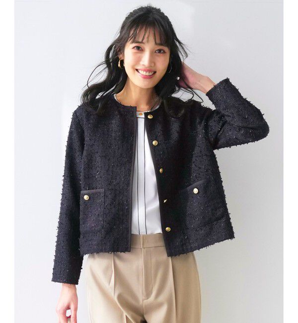 ANY SIS「リボンヤーンライトツイード ジャケット」|ノーカラージャケット|ネイビー