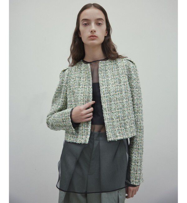 BEIGE,「TEASEL / ノーカラーツイードショートジャケット」|ノーカラージャケット|GREEN MIX
